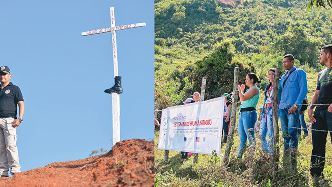 El teniente coronel Willington Benítez en el alto Capitán junto a la cruz levantada en homenaje al soldado Wilson Martínez, que murió allí en julio. Arriba, la comunidad de El Orejón expectante porque el desminado traiga soluciones sociales a su vereda.