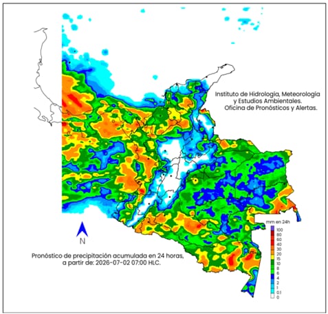 Mapa climatológico de Colombia para el jueves 2 de julio.