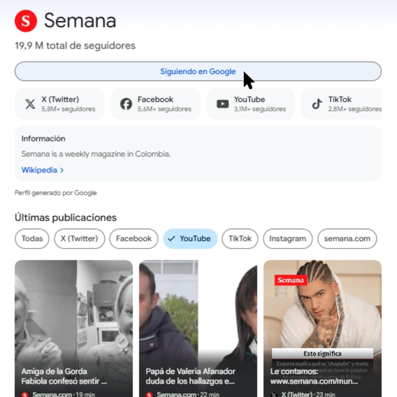 Con un solo clic basta para seguir a SEMANA en Discover.