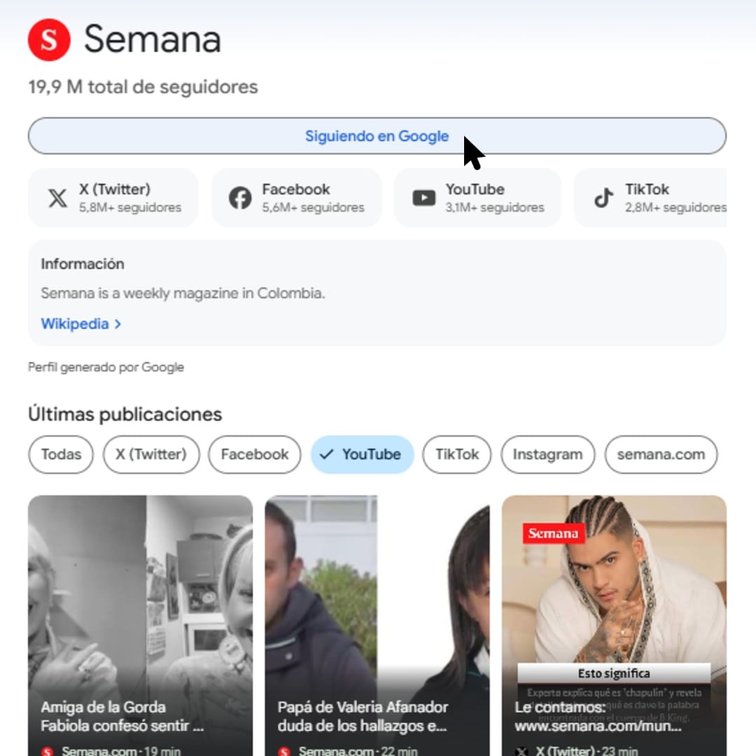 Con un solo clic basta para seguir a SEMANA en Discover.