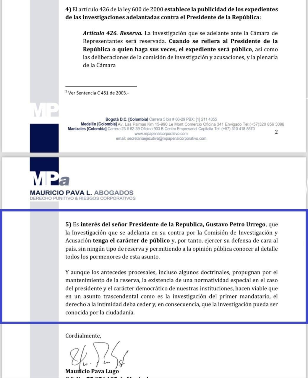 Defensa del expresidente Gustavo Petro pidió levantar la reserva del expediente en la Comisión de Acusación.