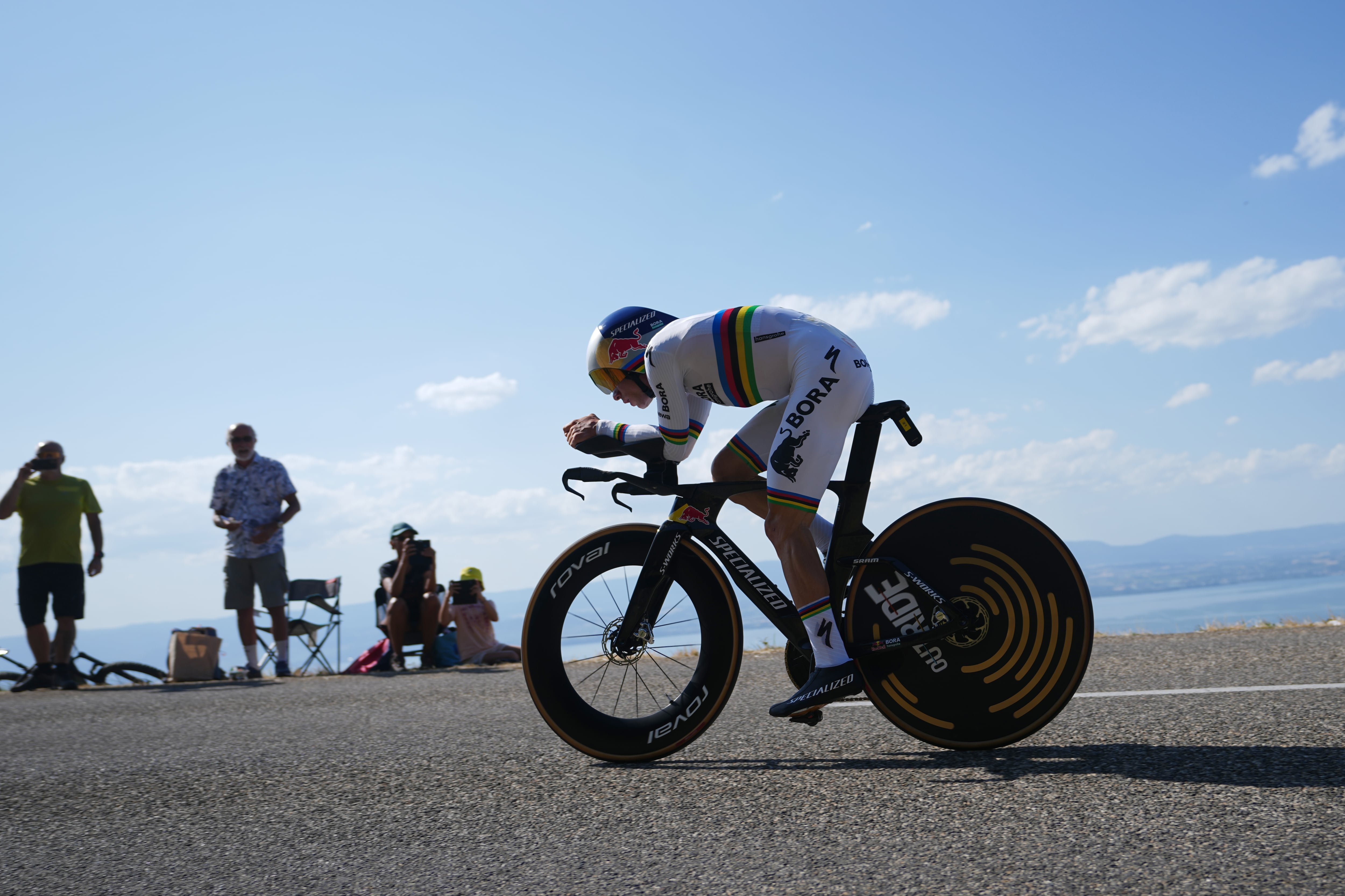 Belgium's Remco Evenepoel rides during the sixteenth stage of the Tour de France cycling race, an indivdual time-trial with start in Evian-Les-Bains and finish in Thonon-les-Bains, France, Tuesday, July 21, 2026. (AP Photo/Thibault Camus)