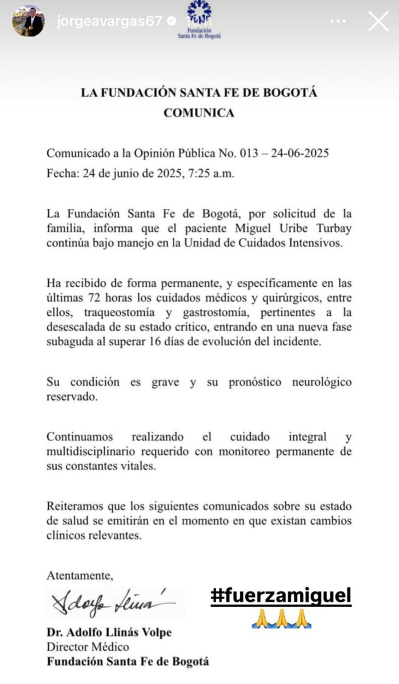 Jorge Alfredo Vargas rompió el silencio tras reciente parte médico de Miguel Uribe Turbay.