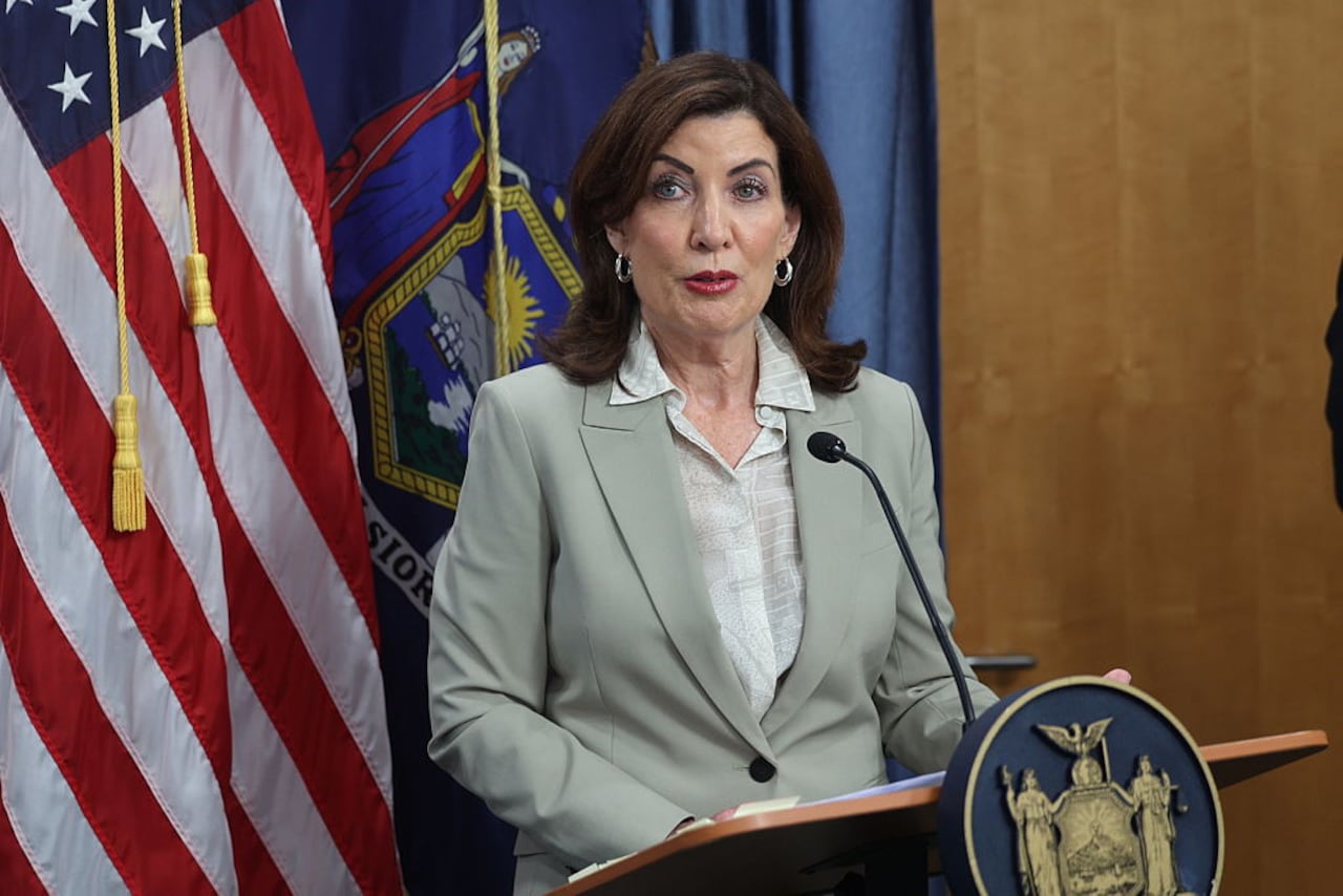 Brentwood, N.Y.: New York governor Kathy Hochul announces to the media at Suffolk County Community College in Brentwood, New York, that $35 million will go toward law enforcement to combat gun violence across the state, including Long Island, July 23, 2025, (Photo by James Carbone/Newsday RM via Getty Images)
