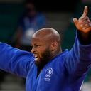 Jorge Fonseca of Portugal reacts after defeating Shady Elnahas of Canada, unseen, in one of the men's -100kg bronze medal Judo match of the 2020 Summer Olympics in Tokyo, Japan, Thursday, July 29, 2021. (AP Photo/Vincent Thian)