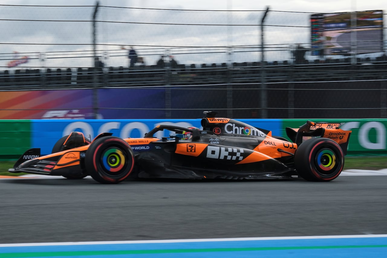 McLaren driver Oscar Piastri of Australia in action during the second practice for the Formula One Dutch Grand Prix in Zandvoort, Netherlands, Friday, Aug. 29, 2025. (AP Photo/Patrick Post)