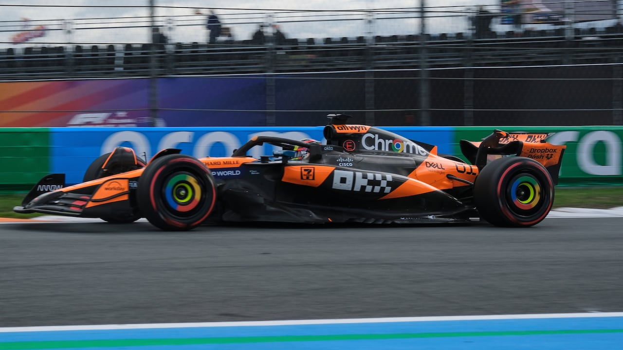 McLaren driver Oscar Piastri of Australia in action during the second practice for the Formula One Dutch Grand Prix in Zandvoort, Netherlands, Friday, Aug. 29, 2025. (AP Photo/Patrick Post)