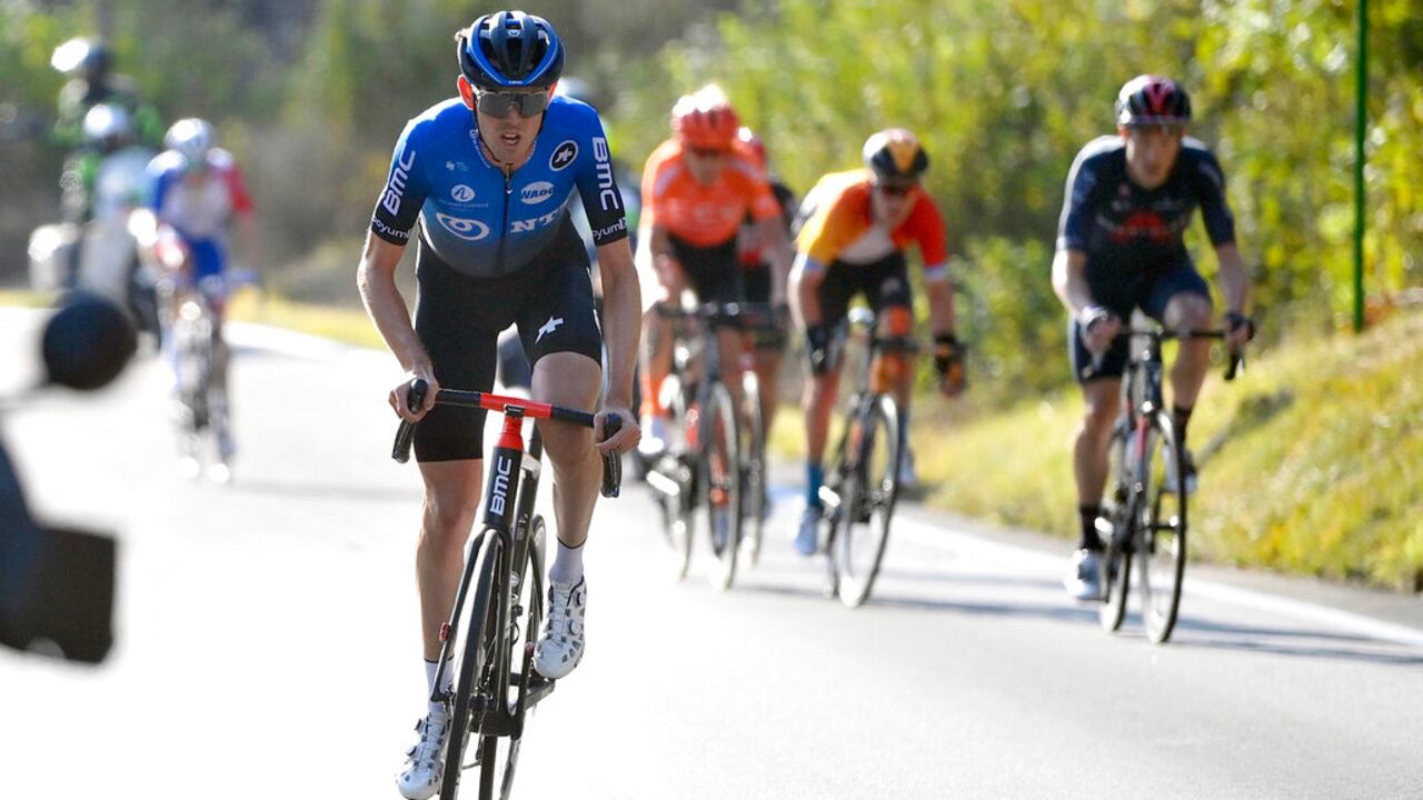Australia's Ben O' Connor pedals on his way to win the 17th stage of the Giro d'Italia cycling race from Bassano del Grappa to Madonna di Campiglio, northern Italy, Wednesday, Oct. 21, 2020. (Fabio Ferrari/LaPresse via AP)
