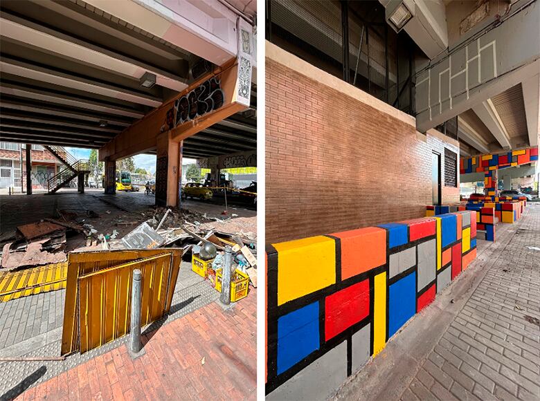 Antes y el después del espacio bajo puente de la calle 53 con avenida NQS en Teusaquillo