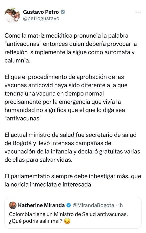 Mensaje del presidente Petro en redes sociales que posteriormente borró