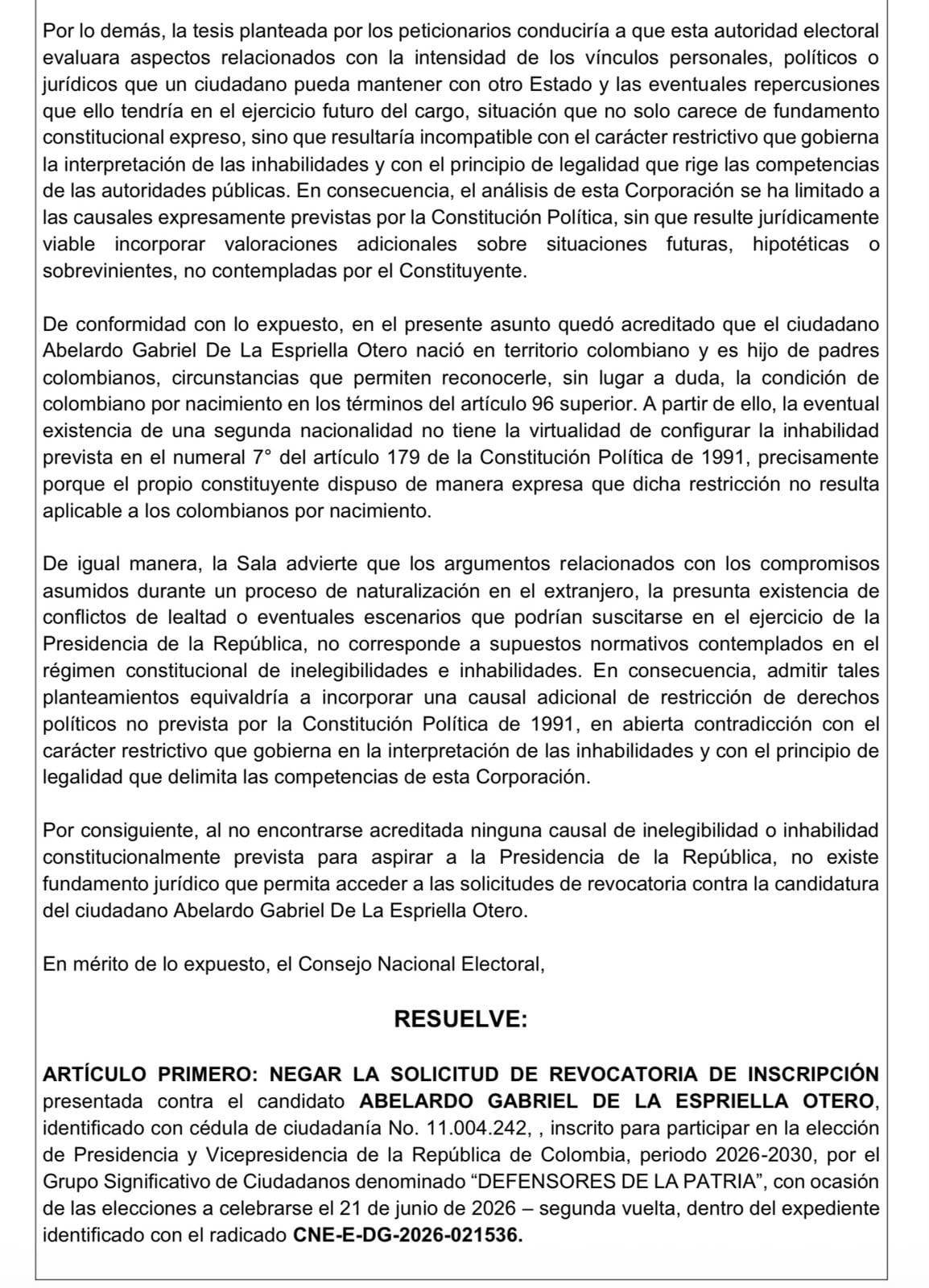 Algunos de los argumentos del Consejo Nacional Electoral donde fijó su postura sobre la doble nacionalidad de Abelardo De La Espriella.