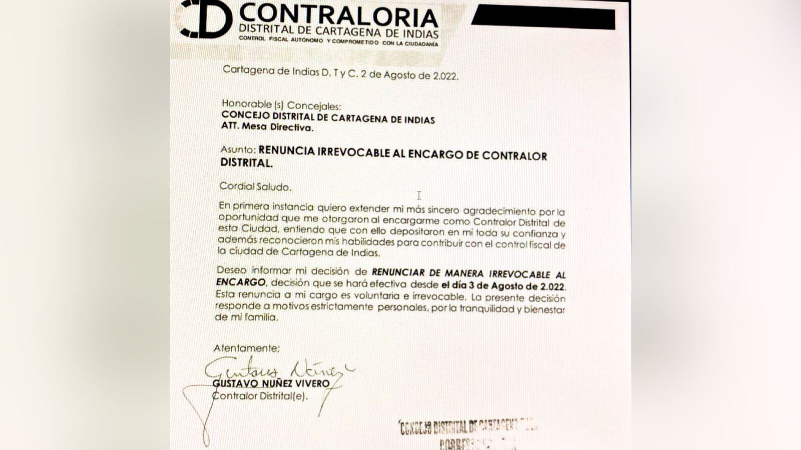 Esta es la carta de renuncia del excontralor de Cartagena.