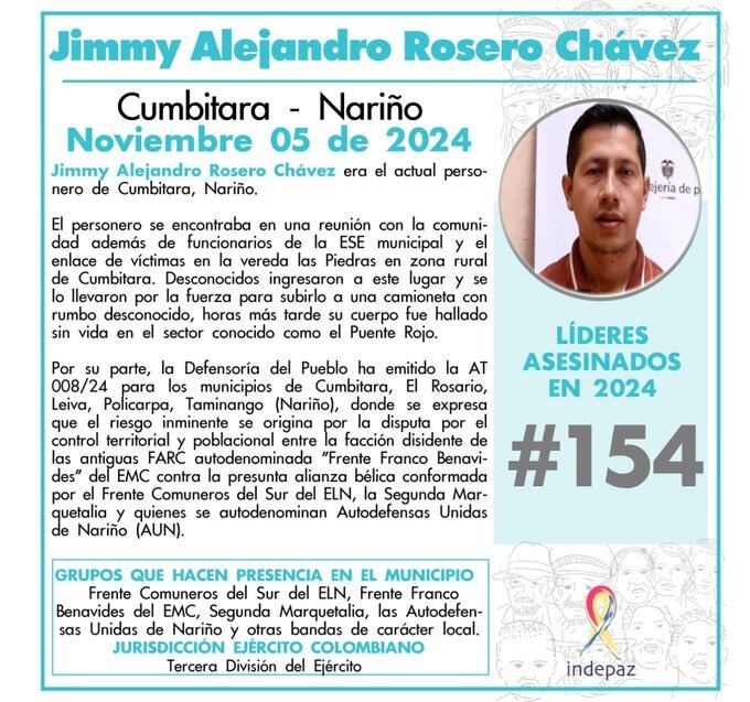 El personero de Cumbitara, Nariño, Jimmy Alejandro Rosero Chávez, fue secuestrado y posteriormente asesinado