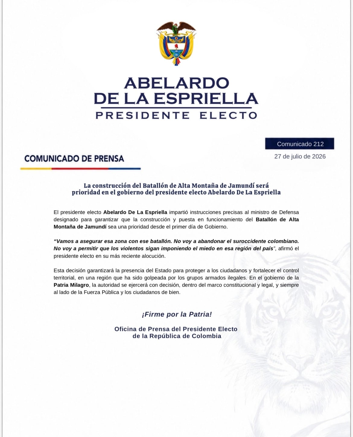 Comunicado equipo de prensa presidente electo Abelardo De La Espriella.