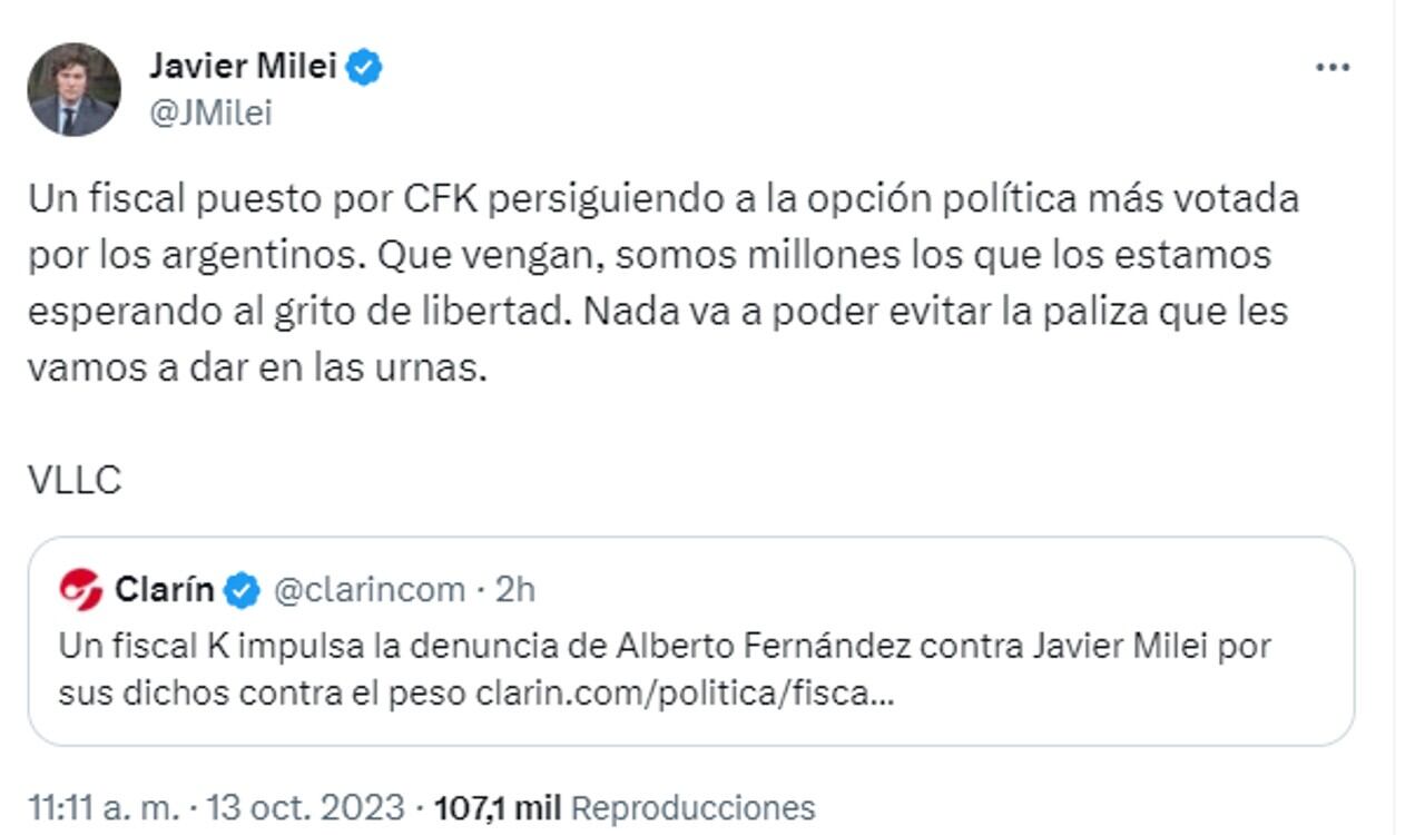 Así respondió Milei en Twitter ante la noticia de El Clarín