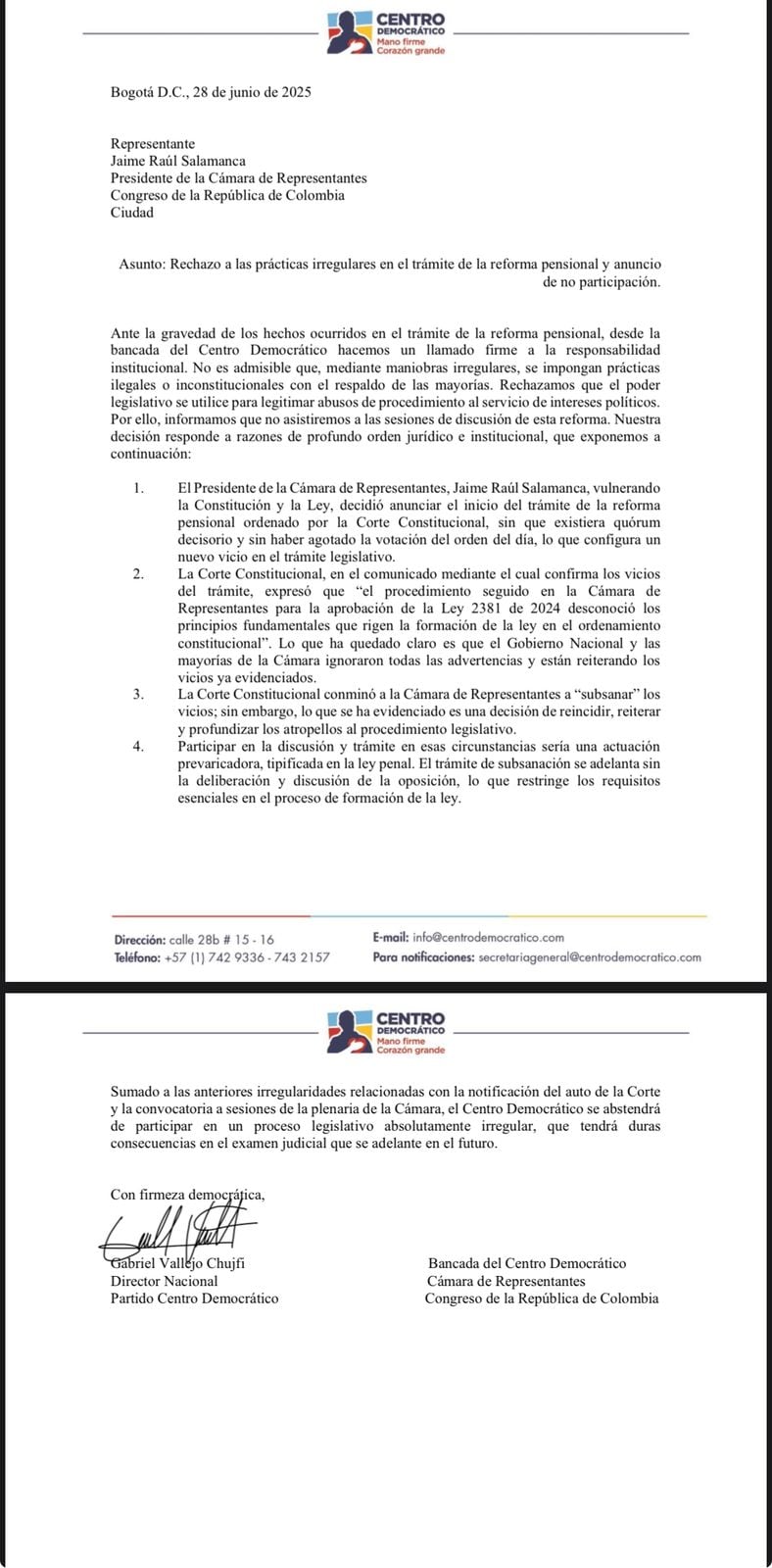 El Centro Democrático no asistirá al debate de la reforma pensional.