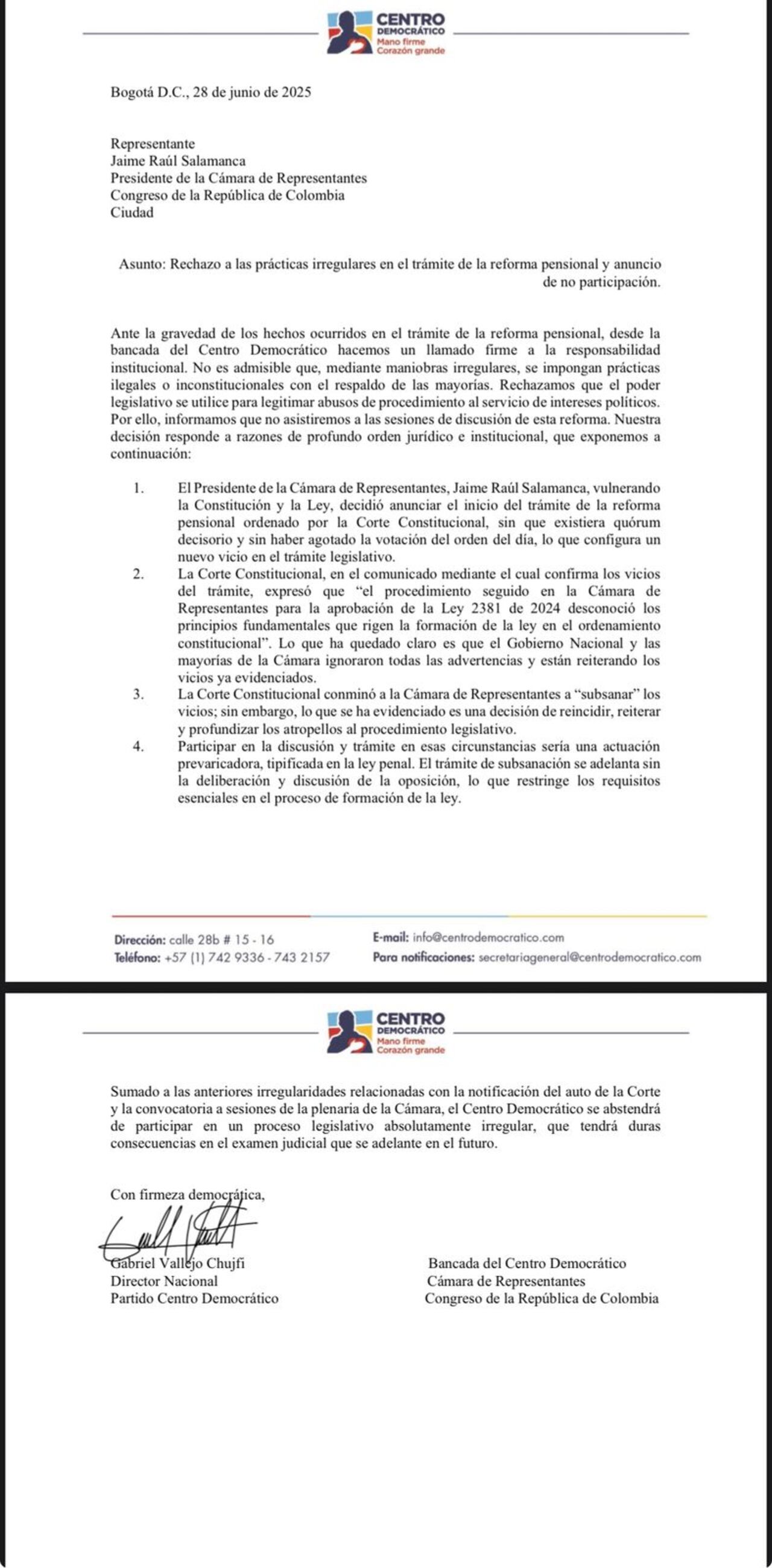 El Centro Democrático no asistirá al debate de la reforma pensional.