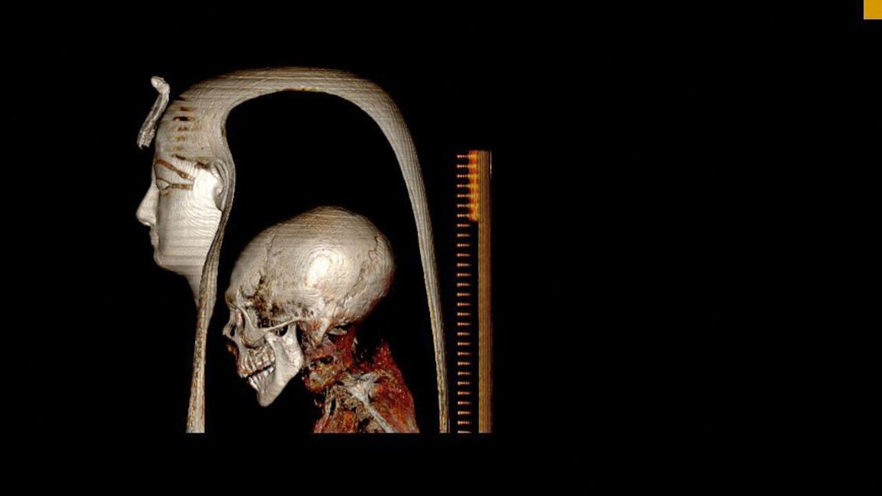 Una imagen distribuida publicada por el Ministerio de Antigüedades de Egipto el 28 de diciembre de 2021 muestra una reconstrucción en 3D de la cabeza de Amenhotep I, creada mediante tomografía computarizada (TC). - Egipto ha "desenvuelto digitalmente" la momia del famoso faraón Amenhotep I revelando sus secretos sin alterar su máscara funeraria por primera vez desde que fue descubierta en 1881. Gracias a las avanzadas imágenes digitales en 3D, los investigadores han descubierto nuevas técnicas de momificación utilizadas para la faraón cuyo gobierno se remonta a más de 1.500 a. C. (Foto del Ministerio de Antigüedades de Egipto / AFP)