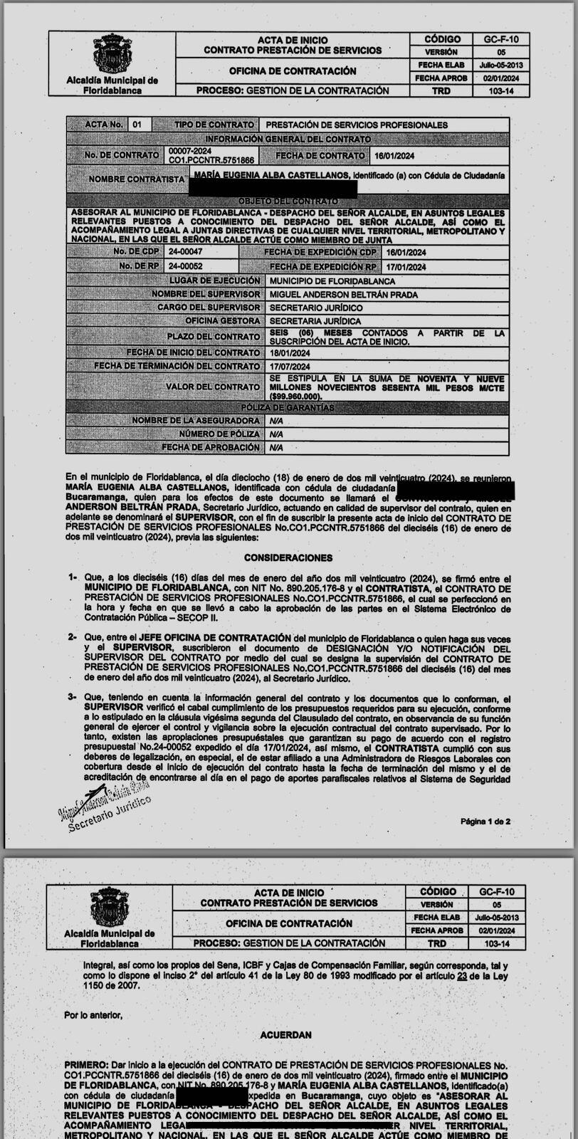 Contrato suscrito por la abogada y la Alcaldía de Floridablanca.