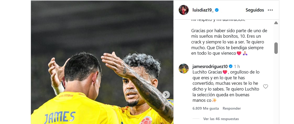La reacción de James Rodríguez al mensaje de Luis Díaz.