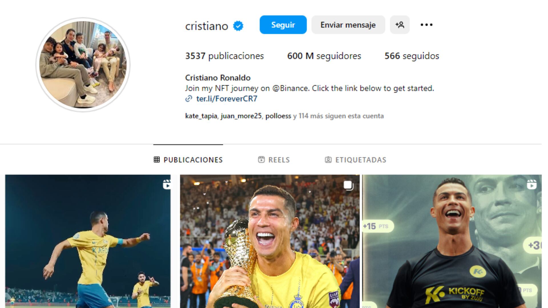 Cristiano Ronaldo es superado en cantidad de seguidores solamente por la cuenta oficial de Instagram.