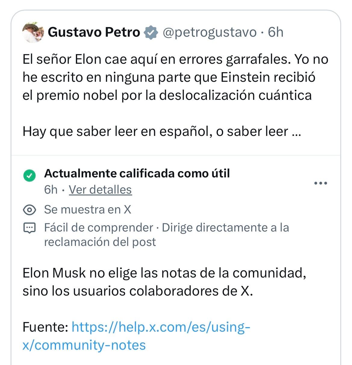 Pantallazo aclaración de X a Gustavo Petro por mensaje que publicó en esa red social