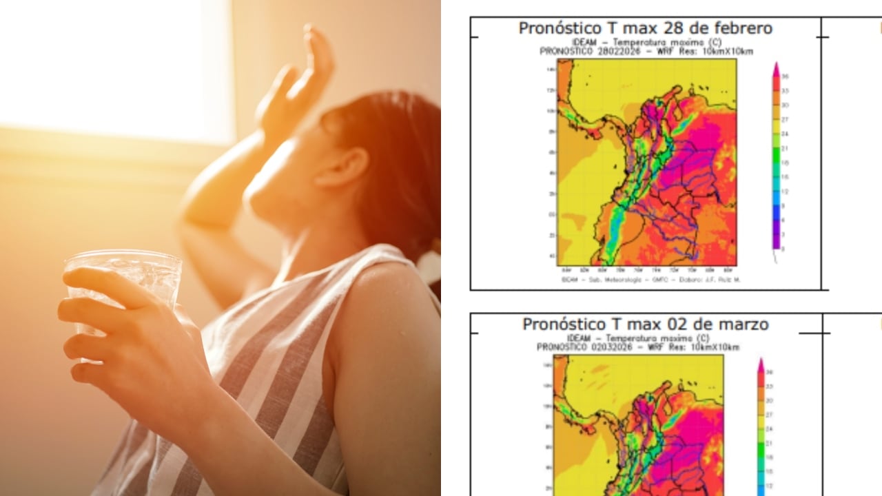 Imagen referencia de una persona con calor y gráficas sobre aumento de temperatura en Colombia.