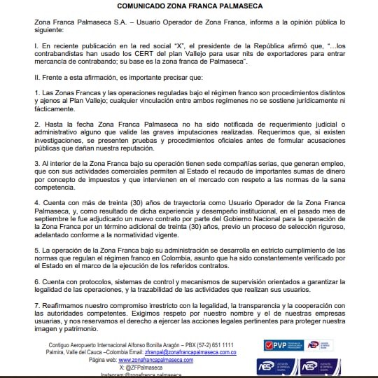 Comunicado de la Zona Franca Palmaseca desmintiendo al presidente Gustavo Petro