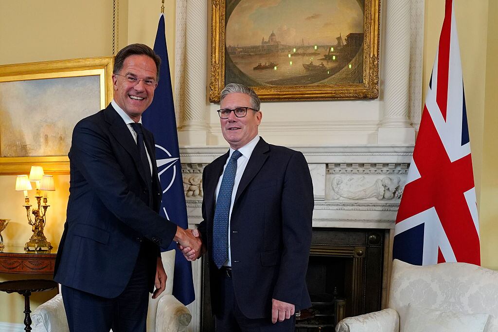 LONDON, ENGLAND - JUNE 9: British Prime Minister Keir Starmer (R) meets NATO Secretary General Mark Rutte at 10, Downing Street on June 9, 2025 in London, England. Later today Mr Rutte will give a speech at Chatham House on priorities for the NATO Summit taking place in June. His meeting with Prime Minister Starmer follows a visit to Sheffield Forgemasters with Defence Secretary John Healey. (Photo by Jordan Pettitt - WPA Pool/Getty Images)