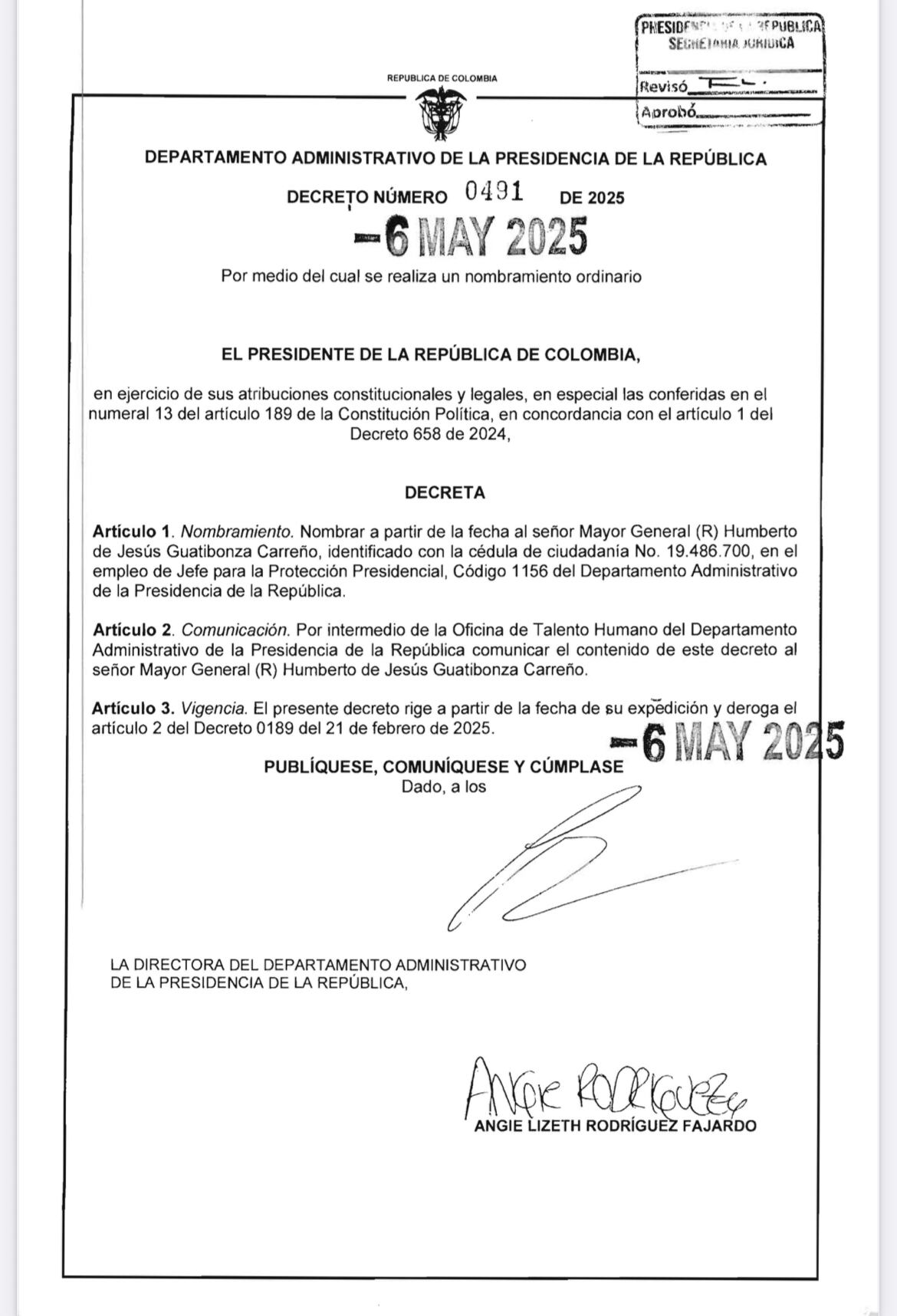 Decreto nombramiento Humberto Guatibonza como jefe de Seguridad de la Casa de Nariño