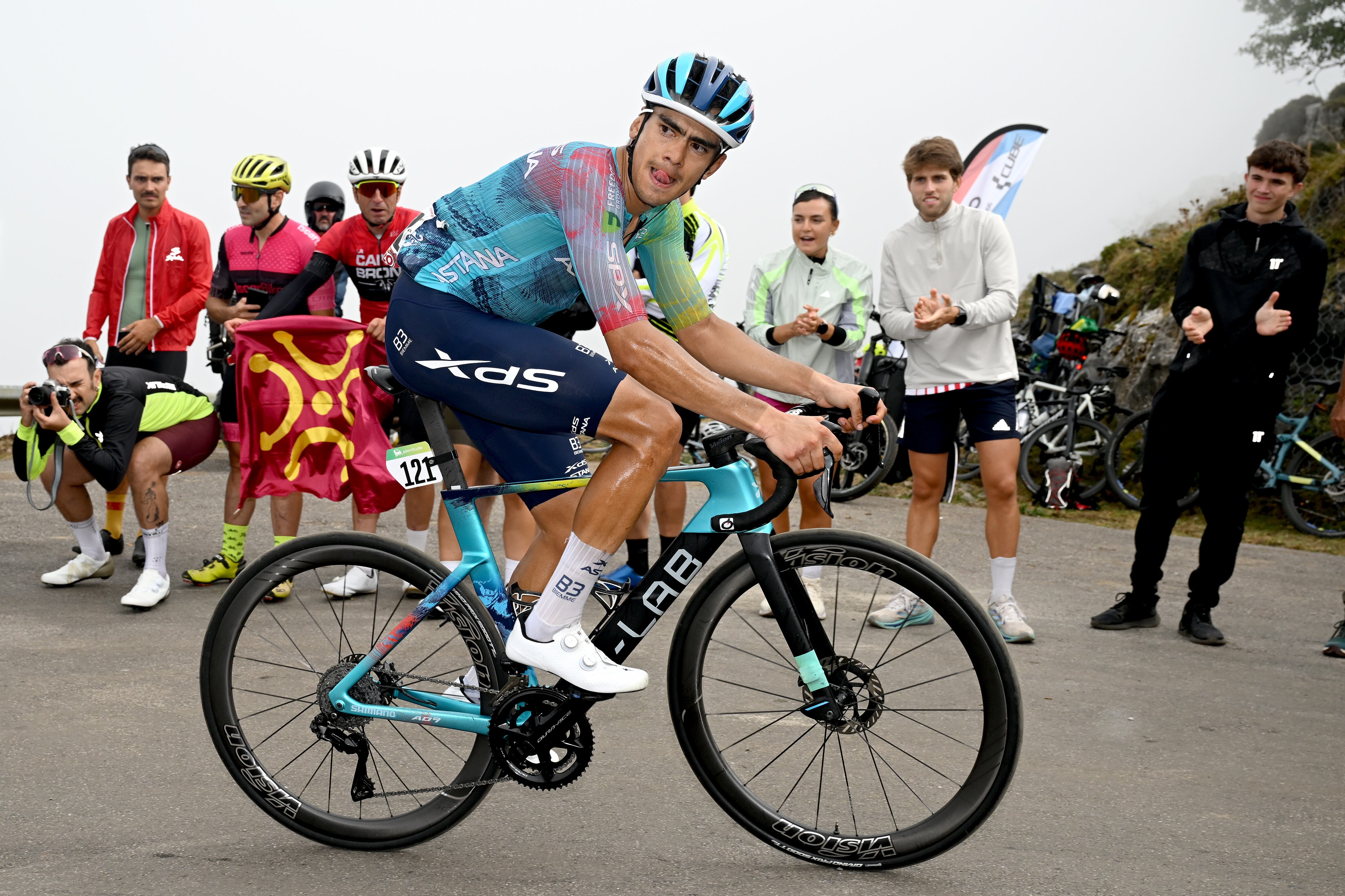 L'ANGLIRU, SPAIN - SEPTEMBER 05: Harold Tejada of Colombia and Team XDS Astana competes in the chase group during the La Vuelta - 80th Tour of Spain 2025, Stage 13 a 203.7km stage from  Cabezon de la Sal to L'Angliru 1556m / #UCIWT / on September 05, 2025 in L'Angliru, Spain. (Photo by Dario Belingheri/Getty Images)