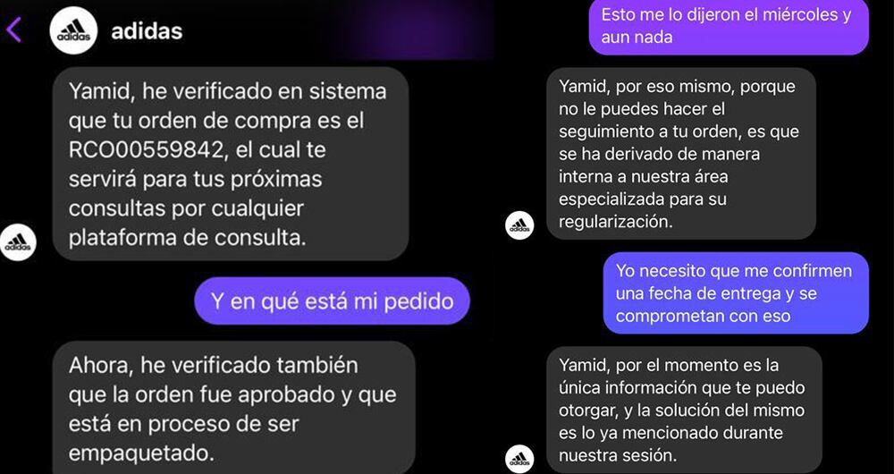 Extractos de los chats que Yamid Saldaña sostuvo con servicio al cliente de Reebok/Adidas durante 3 semanas, sin lograr solución alguna.