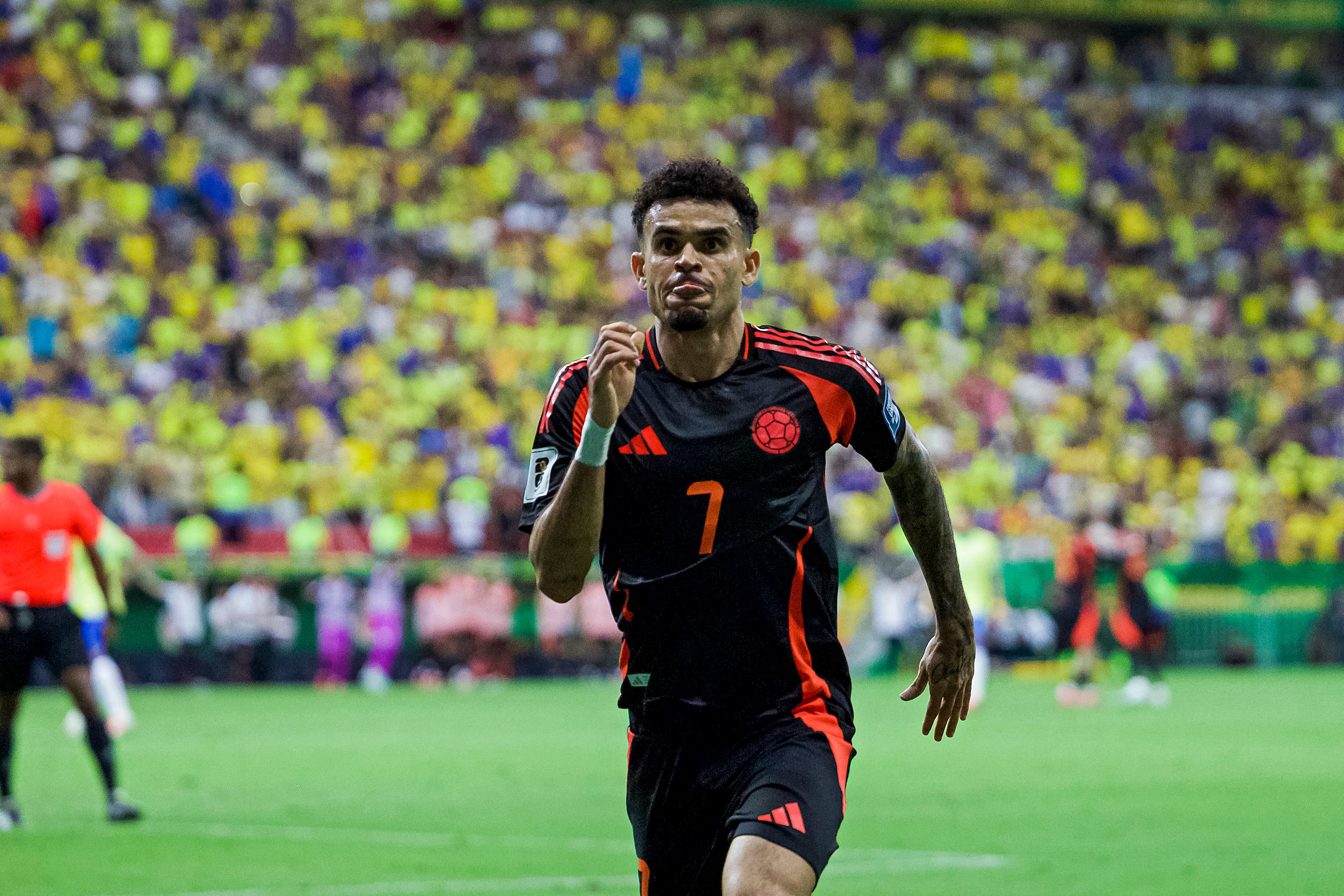 BRASILIA, BRAZIL - MARCH 20: Luis Diaz of Colombia celebrates after scoring his team's first goal during the FIFA World Cup 2026 Qualifier match between Brazil and Colombia at Mane Garrincha Stadium on March 20, 2025 in Brasili