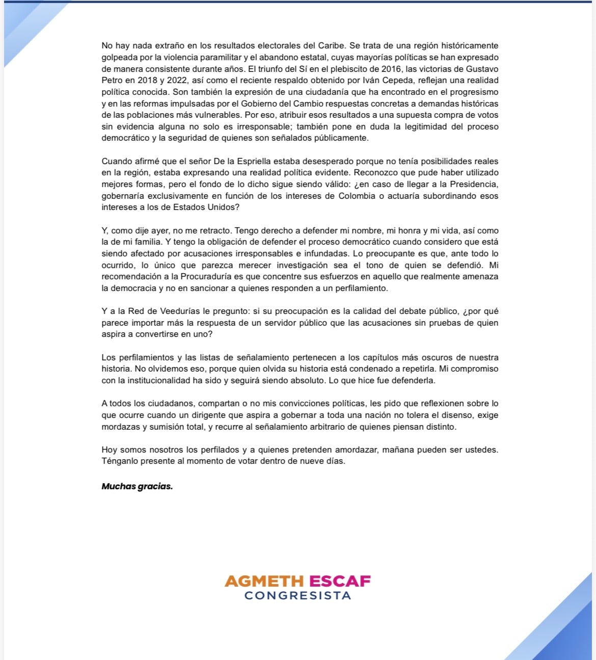 Comunicado de prensa de Agmeth Escaf