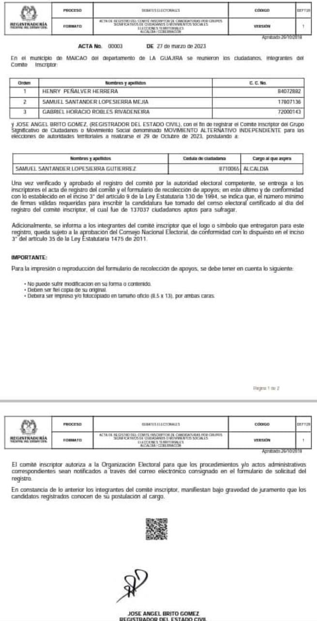 Santander Lopesierra pide pista en la Registraduría