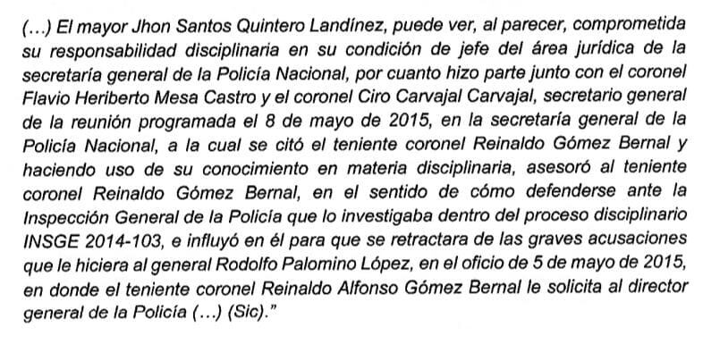 Fragmento proceso en Procuraduría contra el general (r) Rodolfo Palomino