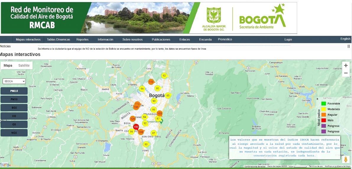 La Red de Monitoreo de Calidad del Aire de Bogotá reporta condiciones regulares (naranja) en las estaciones de Suba, Fontibón, Kennedy, Carvajal – Sevillana, Tunal y Carrera Séptima.