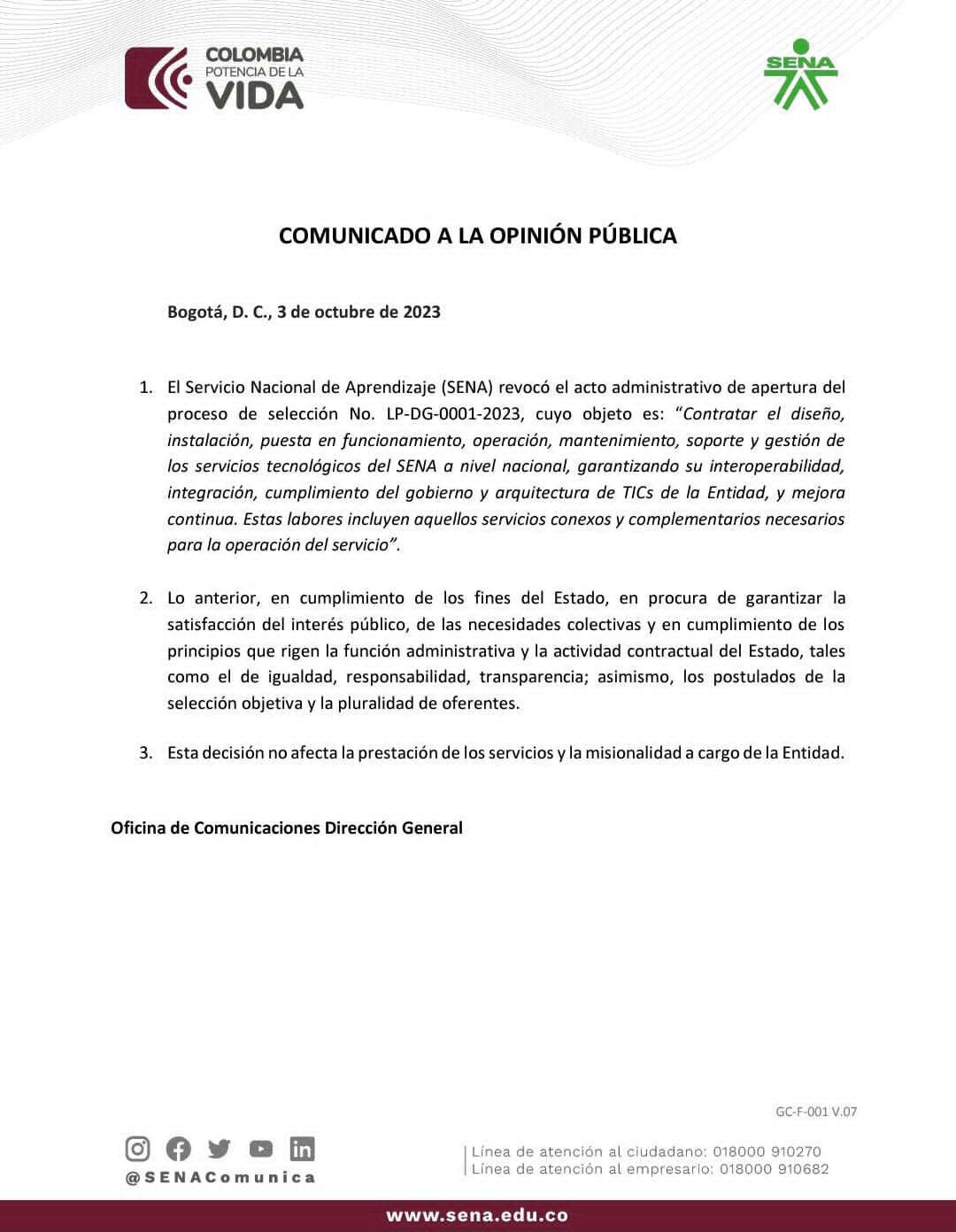 Comunicado del SENA.