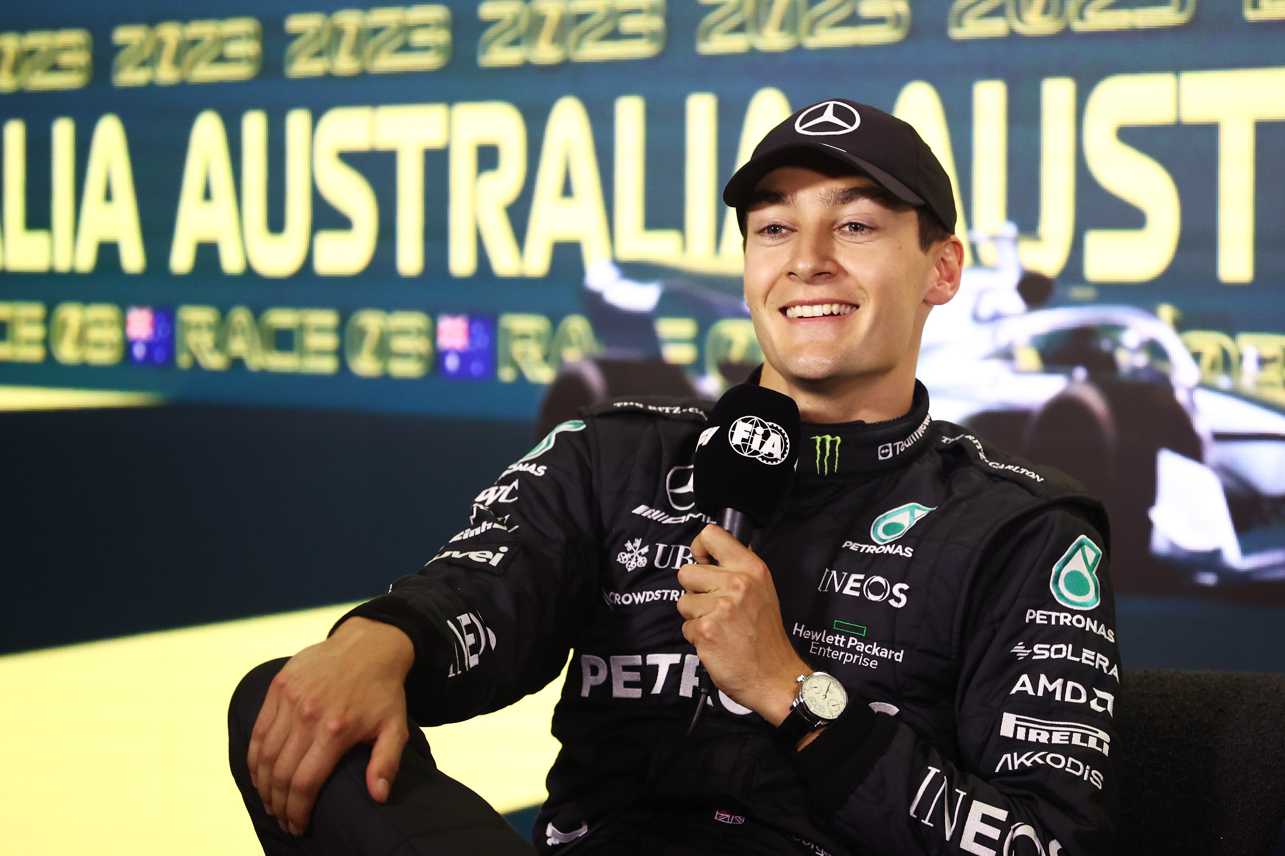 MELBOURNE, AUSTRALIA - APRIL 01: Second placed qualifier George Russell of Great Britain and Mercedes attends the press conference after qualifying ahead of the F1 Grand Prix of Australia at Albert Park Grand Prix Circuit on April 01, 2023 in Melbourne, Australia. (Photo by Robert Cianflone/Getty Images)