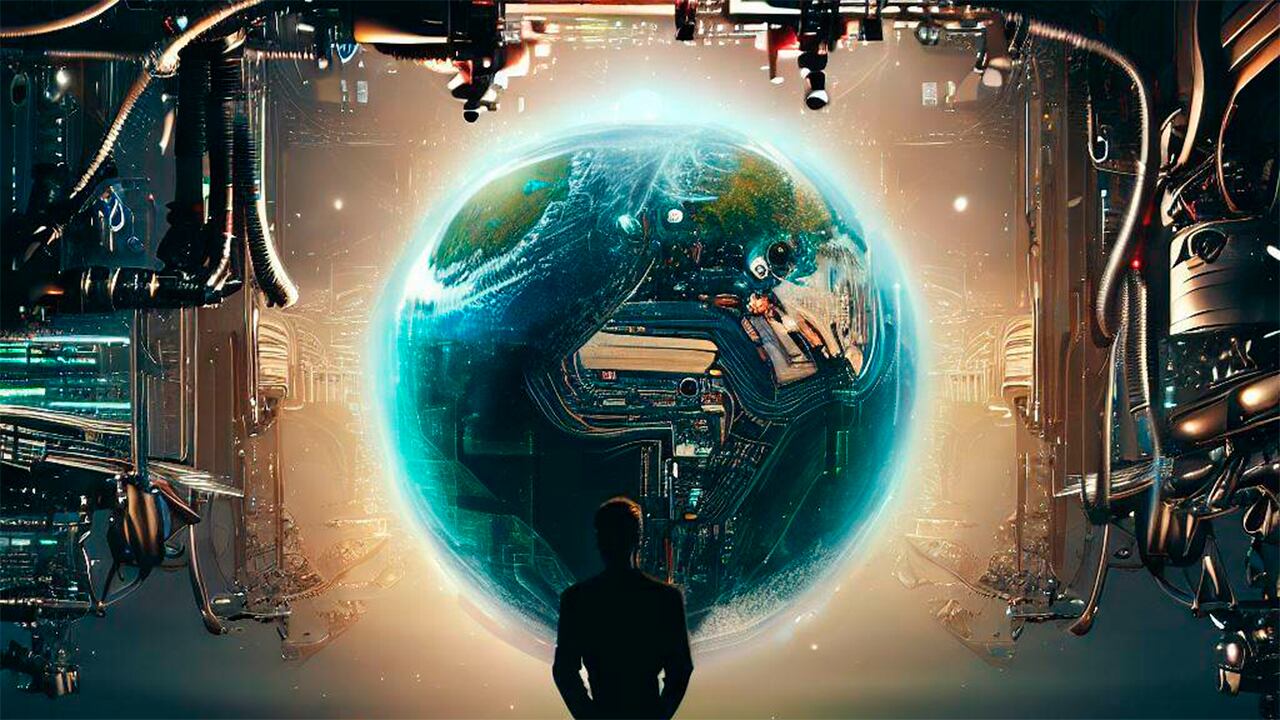 Ilustración de un escenario hipotético en donde una super IA controla el planeta Tierra.