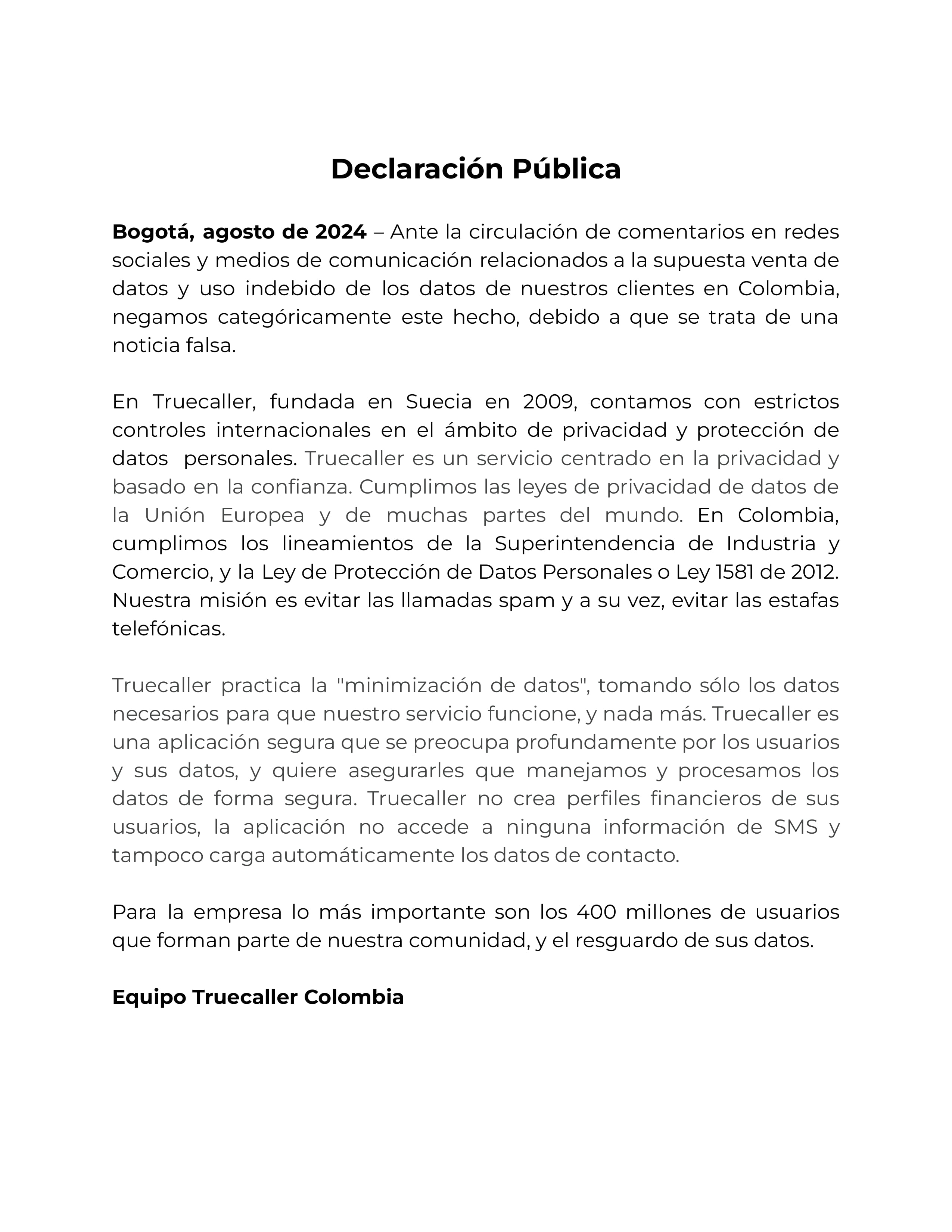 Comunicado emitido por Truecaller Colombia.