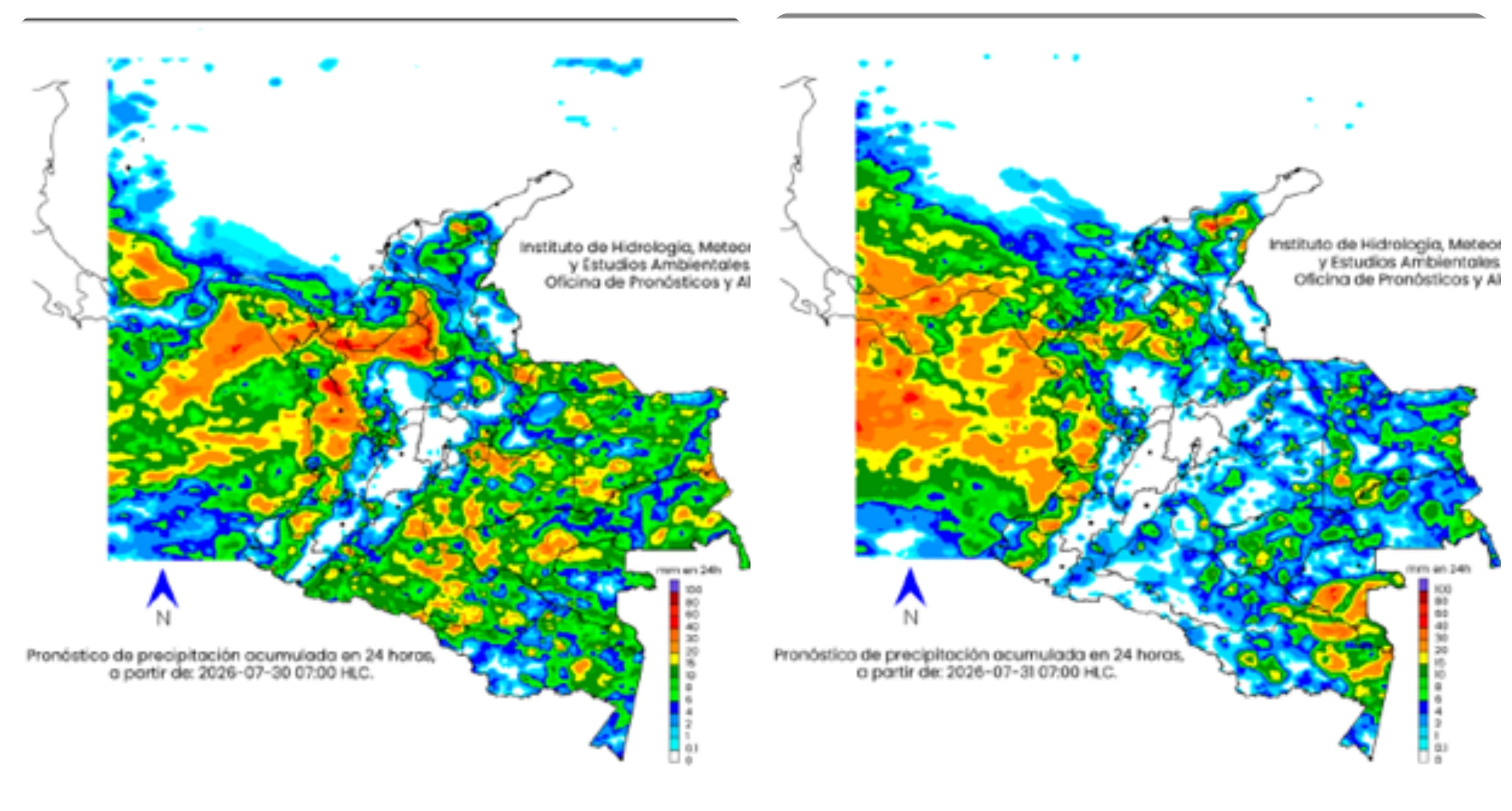 Mapa del clima en Colombia para el jueves 30 y viernes 31 de julio.