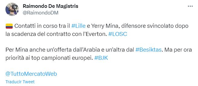 Información desde Italia sobre el futuro de Yerry Mina