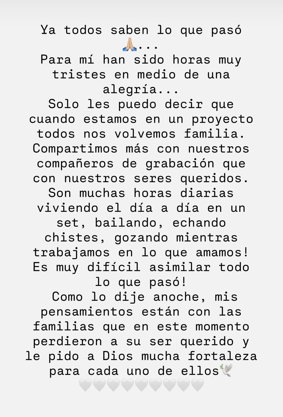Carmen Villalobos se pronunció tras la muerte de compañeros de set.