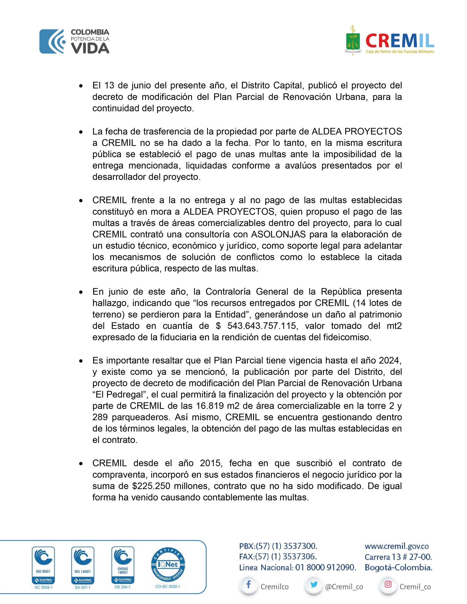 Respuesta CREMIL sobre hallazgo de la Contraloria @Cremil_co