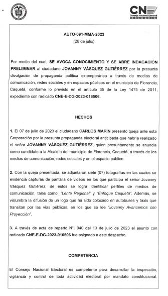 Este es el auto del CNE sobre la candidatura de Jovanny Vásquez a la Alcaldía de Caquetá.