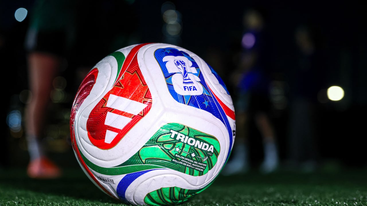 The 2026 FIFA Men's World Cup match ball named Trionda is pictured during its unveiling in New York on October 2, 2025. The 2026 FIFA Men's World Cup is scheduled to take place between June and July 2026, with matches being hosted in Mexico, Canada and the US. (Photo by CHARLY TRIBALLEAU / AFP)