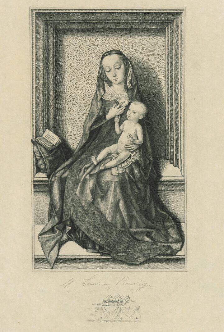 'La Virgen sentada con el Niño', Marie Louveau-Rouveyre a partir de una pintura de Dirk Bouts, 1899, Buril y remarca, Calcografía del Louvre (París, Francia).