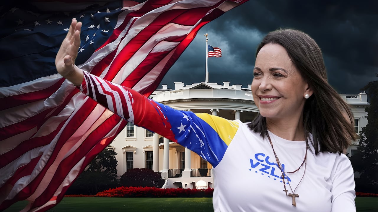 María Corina Machado casa blanca y bandera de EEUU