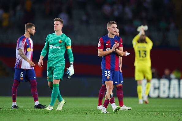 BARCELONA, SPAIN - SEPTEMBER 29: Fermin Lopez of FC Barcelona waves the supporters after the LaLiga EA Sports match between FC Barcelona and Sevilla FC at Estadi Olimpic Lluis Companys on September 29, 2023 in Barcelona, Spain. (Photo by Eric Alonso/Getty Images)
